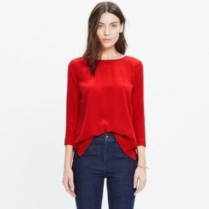 Madewell Retrospect Women's Medium Enamel Red Silk Scoop Neck 3/4 Sleeve Blouse